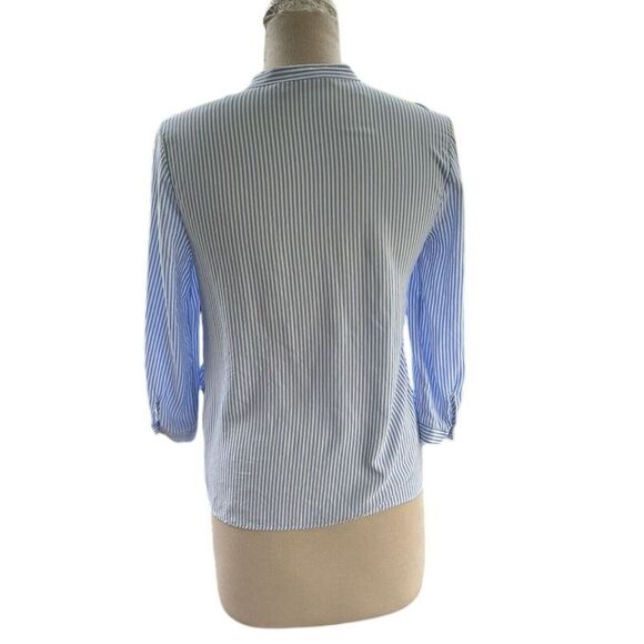Zara Basic Pinstripe Preppy Powder Blue & White Ruffles Button Down 3/4 Sleeve M - Picture 4 of 6